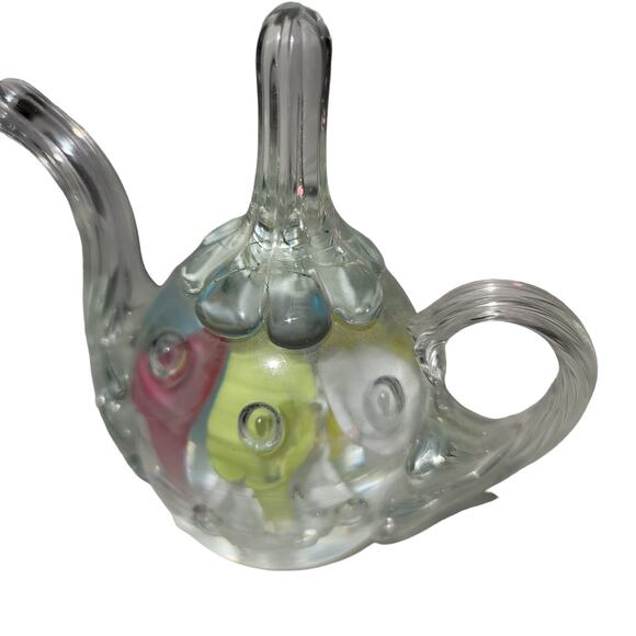 JOE ST CLAIR GLASS TEA POT RING HOLDER PAPERWEIGHT vanity jewelry multicolor - Picture 3 of 3